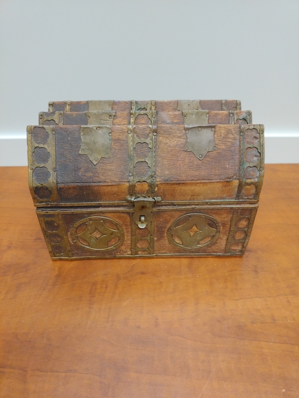 Antique Wooden Coffer with Brass Geometric Designs 7x4.5x4.5 Inch. Not Certified